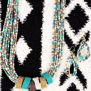TURQUOISE GABLES SEED BEAD NECKLACE AND EARRING SET WESTERN COWGIRL